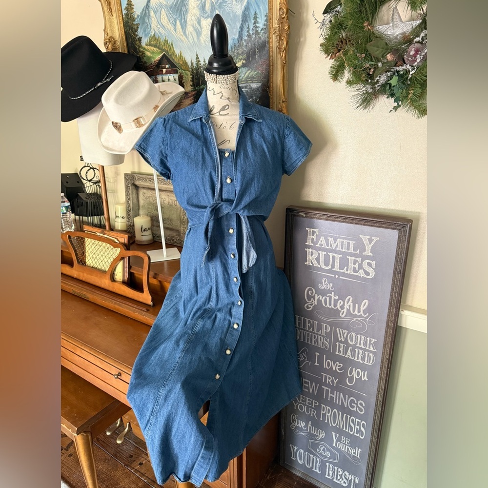 Hunt Club Denim Blue Midi Button-Front Tie-Waist Dress